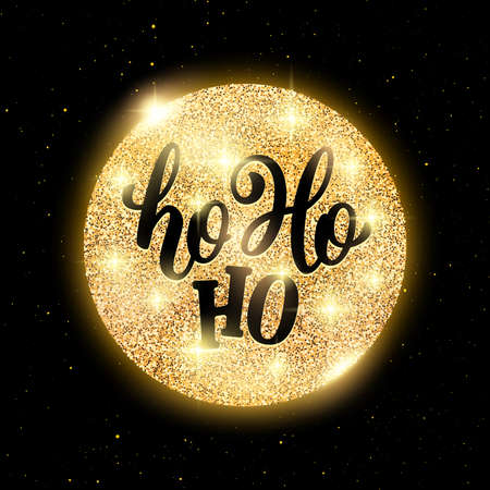Ho-Ho-Ho lettering on vector greeting card with glowing golden Christmas ball above black background. Banner for winter season greetingsのイラスト素材