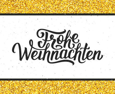 Frohe Weihnachten calligraphic text on white textured background with golden frame. Vector vintage greeting card for Merry Christmas with german letteringのイラスト素材