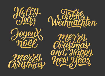 Merry Christmas and Happy New Year vector golden lettering set on black with french, english and german greetings. Holly Jolly, Frohe Weihnachten and Joyeux Noel calligraphic text.のイラスト素材