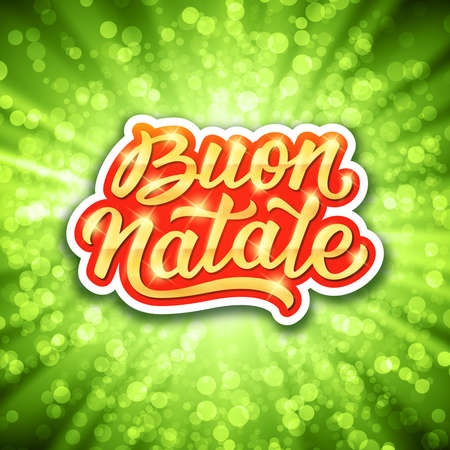 Merry Christmas italian calligraphic text on red-gold label above green background with bokeh and rays. Vector banner for winter season greetingsのイラスト素材