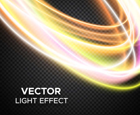 Colorful vector light effect on transparent background. Banner layout with multicolored magic glowing curvesのイラスト素材