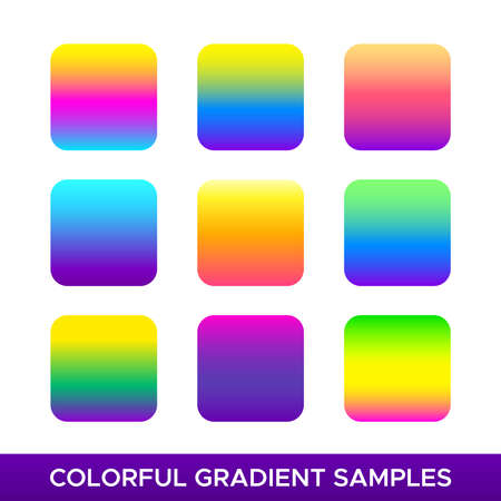Vector set of colorful gradient samples. Multicolored square plates with tropical and rasta colors isolated on white.のイラスト素材
