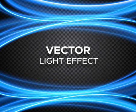 Vector light effect on transparent background. Banner layout with blue magic glowing curvesのイラスト素材
