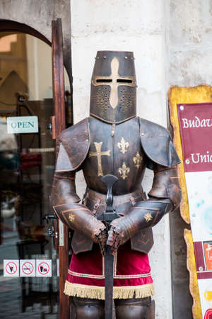 Budapest, Hungary - March 09, 2017: Dummy in knight armor with sword standing outside store in Fishermans bastion in Buda castleのeditorial素材