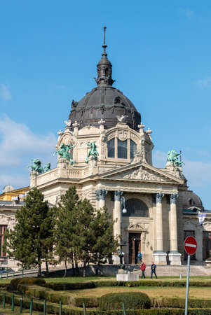 Budapest, Hungary - March 11, 2017: Facade of Szechenyi thermal baths and spa building. This is the largest medicinal bath in Europe since 1913のeditorial素材