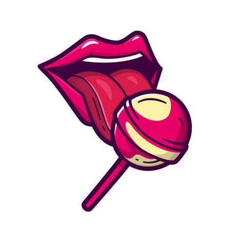 Red female lips and tongue with shiny lollipop illustration in cartoon comic style.のイラスト素材