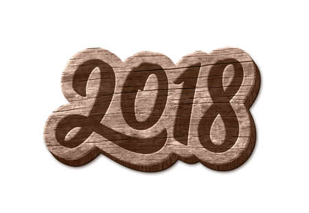 Happy New Year 2018 hand lettering text wood badge isolated on white background. Vector design element for vintage greeting card decoration.のイラスト素材