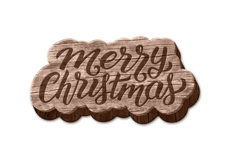 Merry Christmas hand lettering text on wood badge isolated on white background. Vector design element for vintage greeting card decoration.のイラスト素材