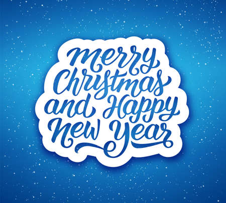 Merry Christmas and Happy New Year lettering text on label over blue blurry vector background. Greeting card design with 3D paper cut style typography. Vector illustration with Season greetingsのイラスト素材