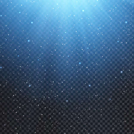 Light effect overlay with falling snow, rays and sparkles with blue glow on transparent background. Vector Christmas backgroundのイラスト素材