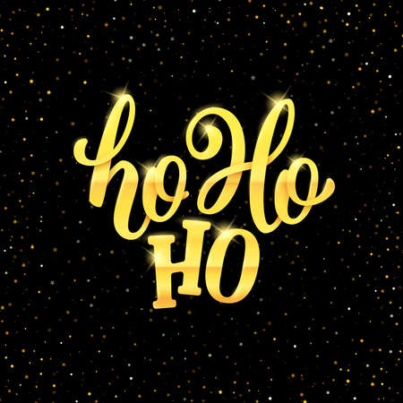 Ho-Ho-Ho Christmas vector greeting card with gold calligraphic text on black background with confetti. Lettering for season greetings. Vector illustrationのイラスト素材