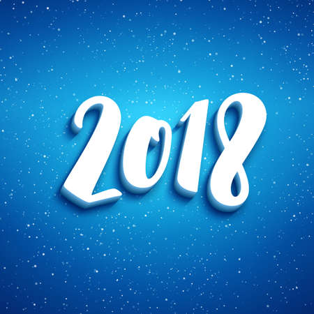 2018 New Year lettering on blue blurry vector background with sparkles. Greeting card design template with 3D typography labelのイラスト素材