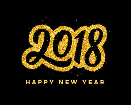 Happy New Year 2018 greeting card design with golden calligraphic text on black background. Vector festive illustration with modern typography.のイラスト素材
