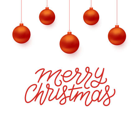 Merry Christmas line art style lettering text with red color balls isolated on white background. Greeting card design with seasons greetings. Vector illustrationのイラスト素材