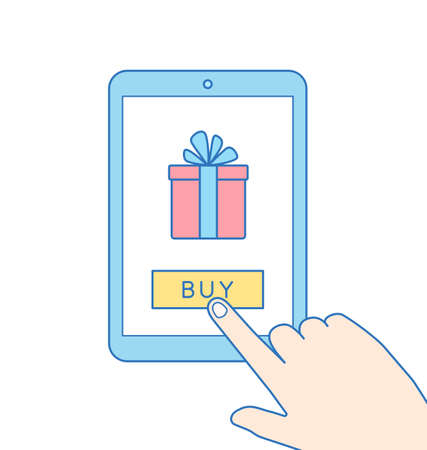 E commerce flat line art style vector illustration. Man push buy button on tablet pc to purchase gift. Christmas shopping conceptのイラスト素材