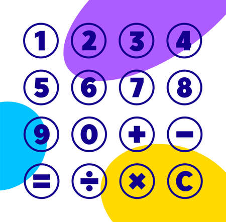 Numbers and Mathematical Symbols. Round vector icons set in outline style for web or mobile app. Circle shape buttons for calculator interface design on colorful geometric backgroundのイラスト素材