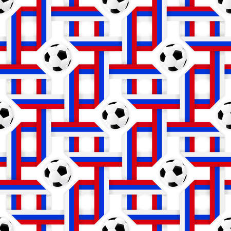 Football sport poster design. Seamless pattern with russian flag colors red, blue, white and soccer ball. Vector background 2018 design trendのイラスト素材