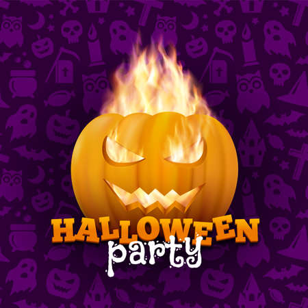 Halloween party vector background with creepy pattern. Poster with scary face orange pumpkin in fire flames and modern typography.のイラスト素材