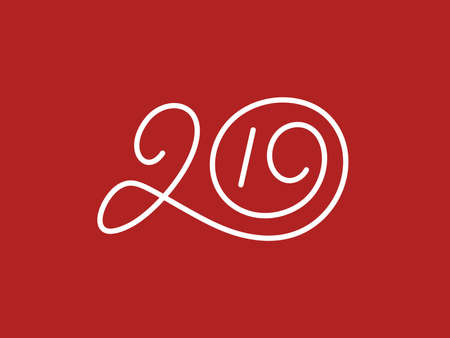 New Year 2019 calligraphic line art style lettering on red background. Vector illustration with modern typographyの写真素材