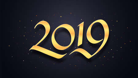 Happy New Year 2019 wishes typography text and gold confetti on luxury black background. Premium vector illustration with lettering for winter holidaysのイラスト素材