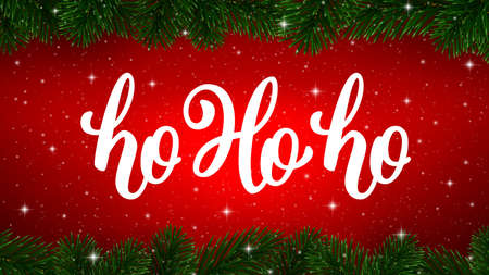 Ho-Ho-Ho calligraphy text on red shiny background with border of Christmas tree branches. Vector greeting card designのイラスト素材