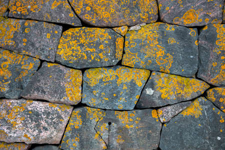 Wall of natural stone bricks with moss. Stonewall close-up photoの写真素材