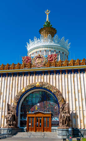 Moscow, Russia - April 30, 2019: Facade of Pavilion 58 Agriculture of the Ukrainian SSR located on VDNH soviet exhibition. Tourist place with historical USSR monuments and architectureのeditorial素材