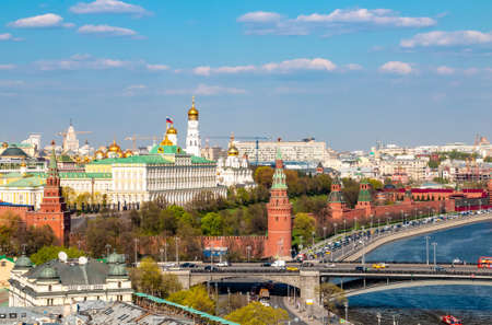 Moscow, Russia - April 30, 2019: Scenic aerial view at Grand Palace and church domes in Kremlin and famous historical city center panoramaのeditorial素材