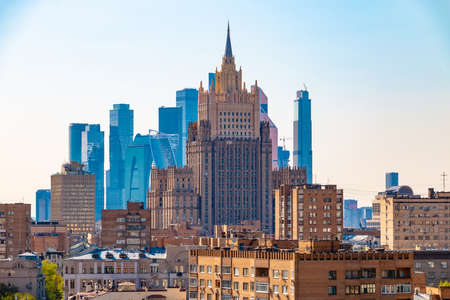 Moscow, Russia - April 30, 2019: Cityscape with Ministry of Foreign Affairs and Moscow City downtown buildings on the background in sunny dayのeditorial素材