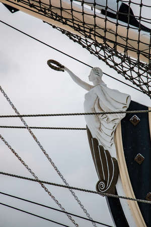 Saint Petersburg, Russia - January 15, 2019: White female figurehead on the sail ship