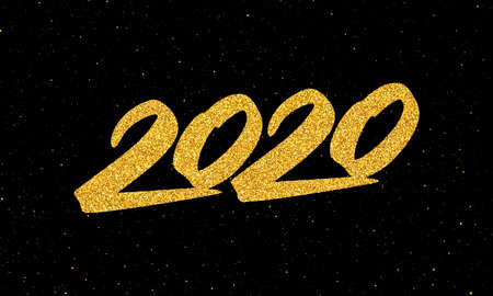 Happy New Year 2020 greeting card design template with gold text on black background. Calligraphy...