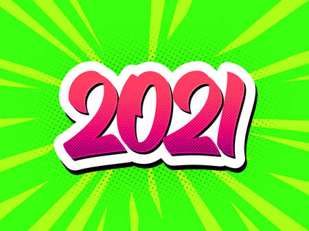 Happy New Year 2021 pop art poster. Creative illustration in comics style. Vector background with halftone and beams for Year of the Ox greeting card design.のイラスト素材