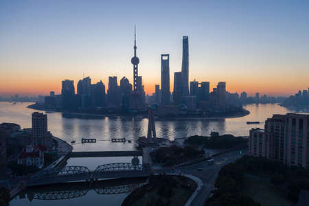 Shanghai Skyline in the Morning. Lujiazui Financial District and Huangpu River. Aerial View.の写真素材