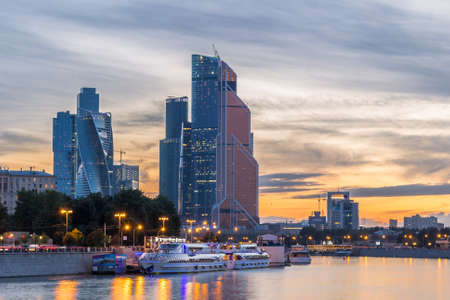 Moscow City business center and Moscow river on sunset