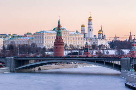 Moscow Kremlin and frozen Moscow River at frosty winter day. View from Patriarshy bridge.の写真素材
