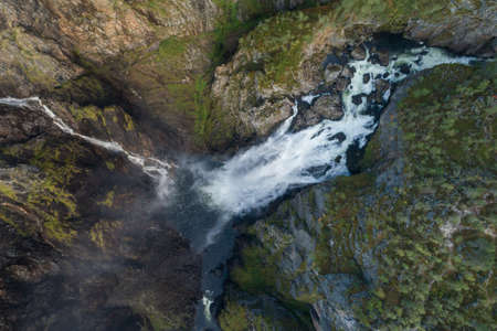 Voringfossen Waterfall in Norway. Aerial Vertical Top-Down View