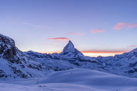 Matterhorn Mountain at Winter Evening. Sunset. Wide Shot. Swiss Alps, Switzerland.の写真素材