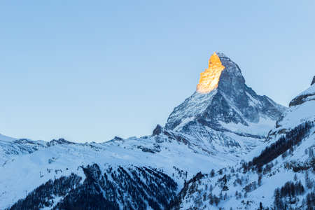 Matterhorn Mountain at Sunrise in Winter as Seen from Zermatt.の写真素材