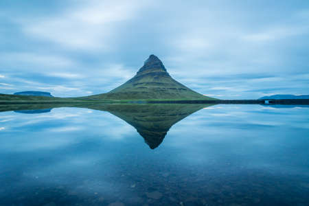 Kirkjufell Mountain in Summer and Reflection in Lake. Icelandの写真素材