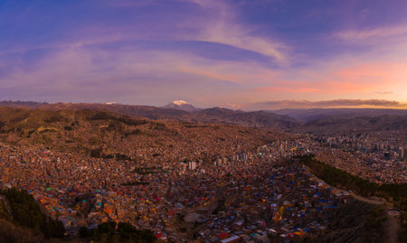 La Paz Cityscape and Illimani Mountain at Night.の写真素材