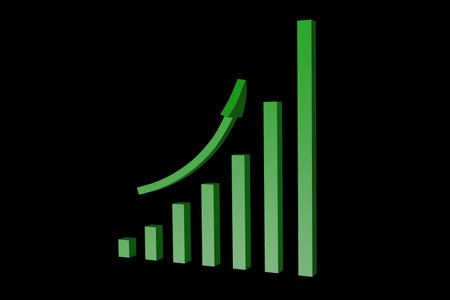 Green Growing Bar Graph with Arrow over Transparent Background. 3d Render with Alpha Channel