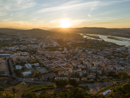 Viana do Castelo City, River and Mountains at Sunrise. Portugal. Aerial Viewの写真素材