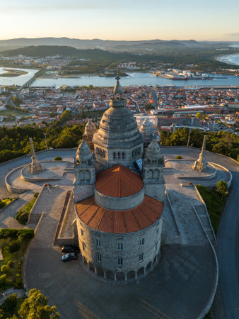 Basilica Santa Luzia at Sunrise. Viana do Castelo City, Portugal. Aerial Shotの写真素材