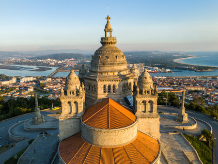 Basilica Santa Luzia at Sunset. Viana do Castelo City, Portugal. Aerial Viewの写真素材