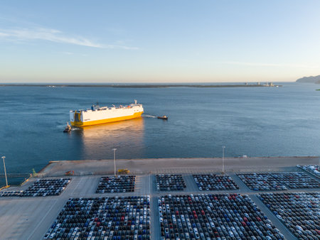 Ro-Ro Cargo Ship with Tugboats and Rows of New Cars on Large Full Parking Lot at Sunset in Port Ready for Distribution. Automotive Industry. Setubal, Portugal. Aerial Viewの写真素材