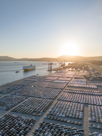 Ro-Ro Cargo Ship and Rows of New Cars on Large Full Parking Lot at Sunset in Port Ready for Distribution. Car Storage, Automobile Industry. Ocean and Mountains. Setubal, Portugal. Aerial Viewの写真素材