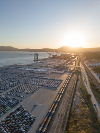 New Cars on Large Full Parking Lot at Sunset in Port Ready for Distribution. Car Storage, Automotive Industry. Ocean and Mountains. Setubal, Portugal. Aerial Viewの写真素材