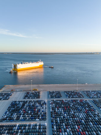 Ro-Ro Cargo Ship with Tugboats and New Cars on Large Full Parking Lot at Sunset in Port Ready for Distribution. Automotive Industry. Atlantic Ocean. Setubal, Portugal. Aerial Viewの写真素材