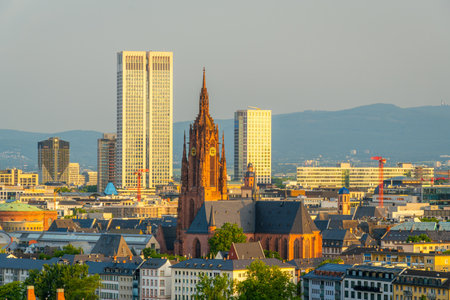 Frankfurt Cathedral, Residential Buildings and City at Sunrise. Aerial View. Golden Hour. Hesse, Germanyの写真素材