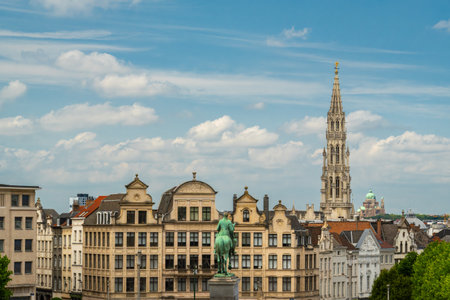 Mont des Arts on Sunny Day. Spire of Town Hall. City of Brussels, Belgiumの写真素材